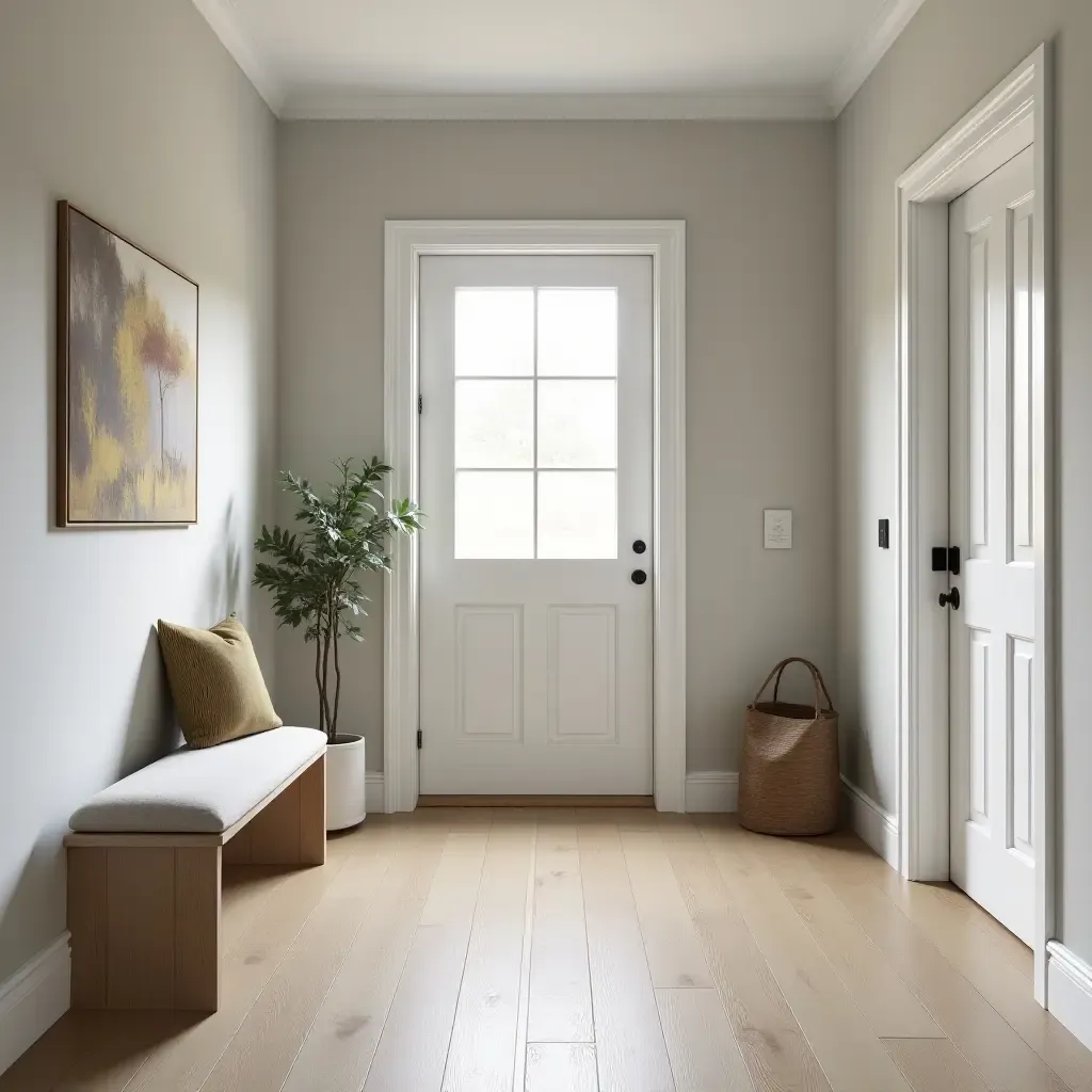 a photo of a Scandinavian-style entrance hall with neutral colors and functional design