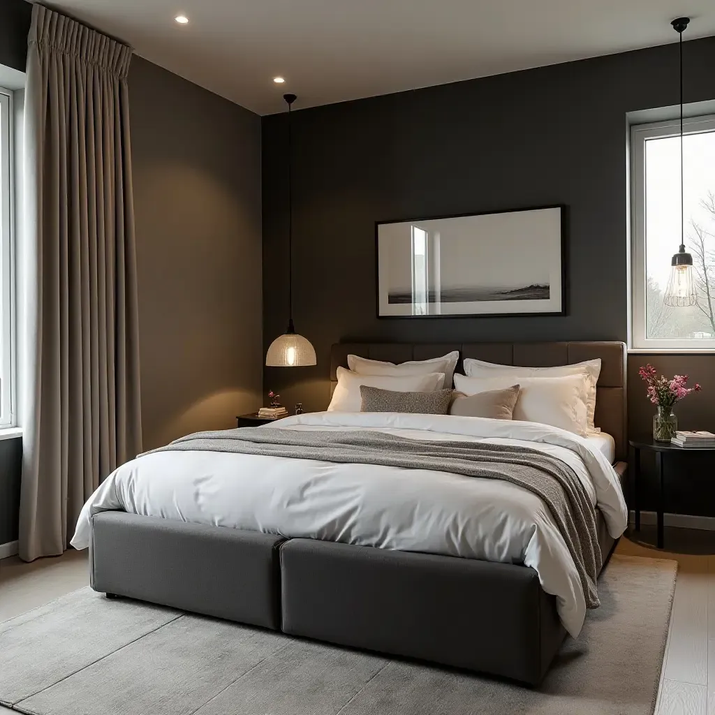 a photo of a chic bedroom with a dark bed frame and soft, inviting linens