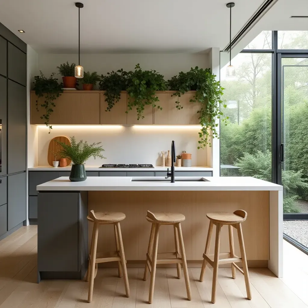 a photo of a kitchen featuring a plant-filled breakfast bar