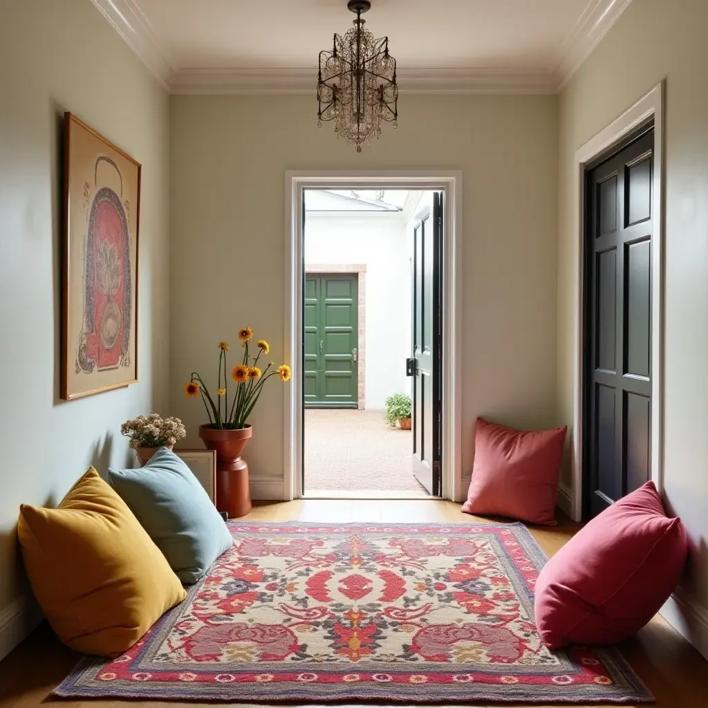 a photo of a whimsical entrance hall with a colorful rug and oversized cushions