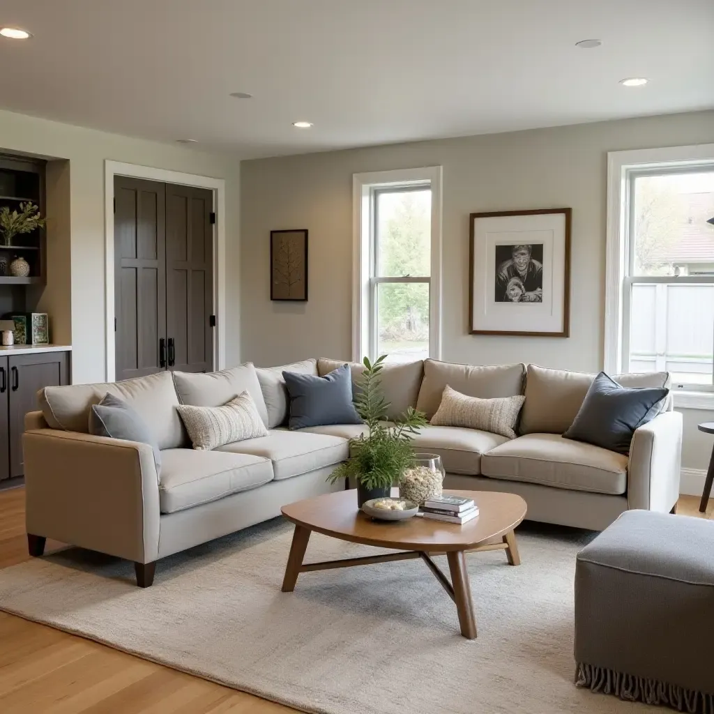 a photo of a family-friendly basement with farmhouse decor and cozy seating