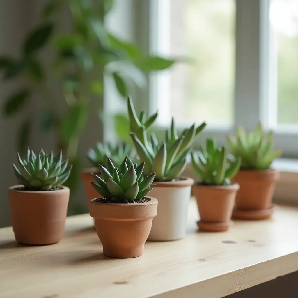 a photo of a desk adorned with small succulents