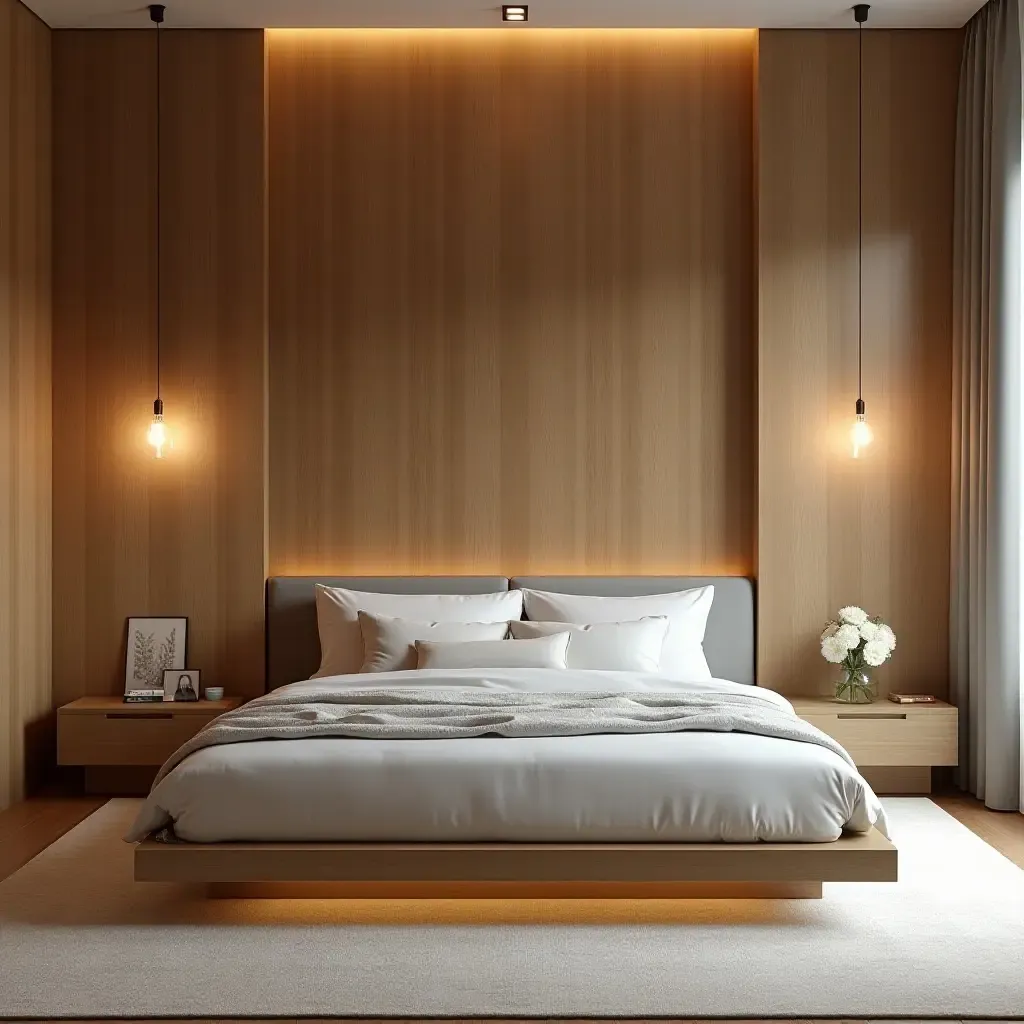 a photo of a bedroom with wooden accents and soft lighting