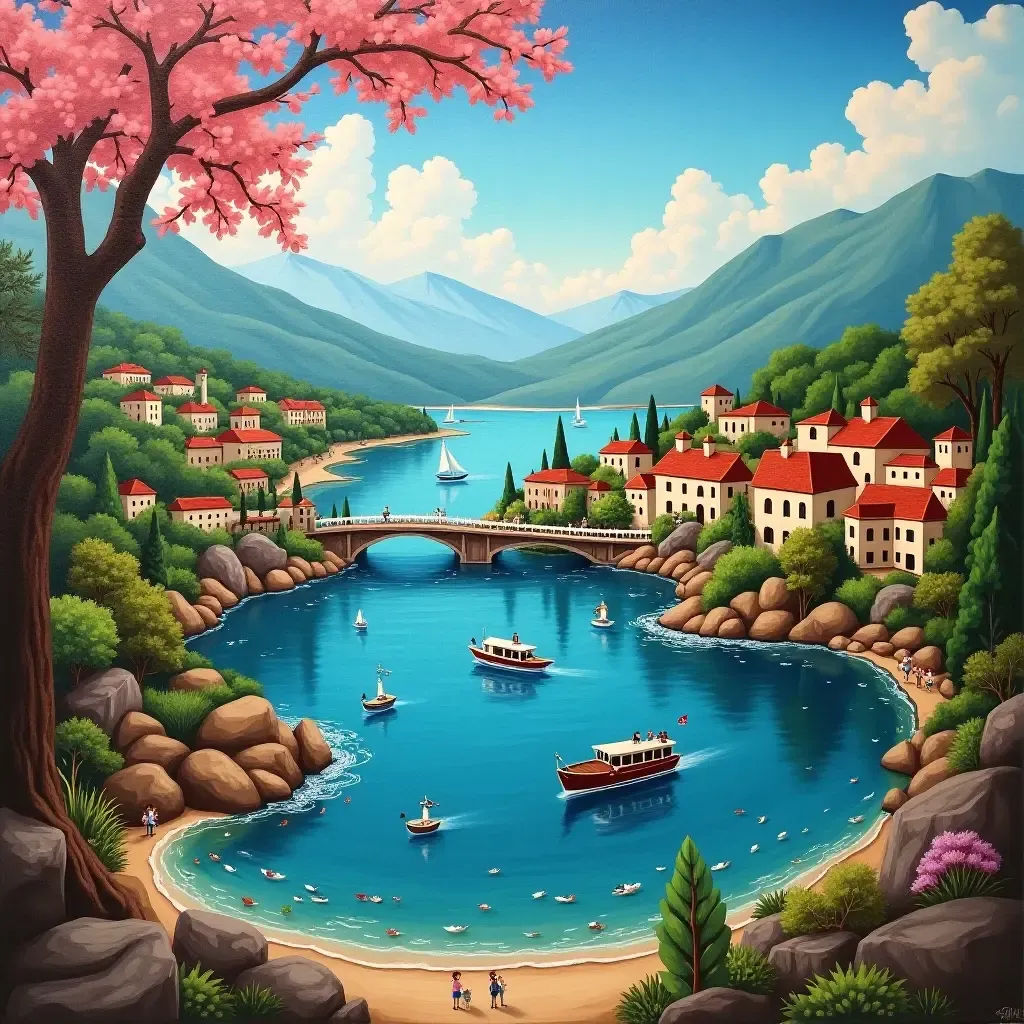 a photo of a mural depicting a scenic landscape or cityscape