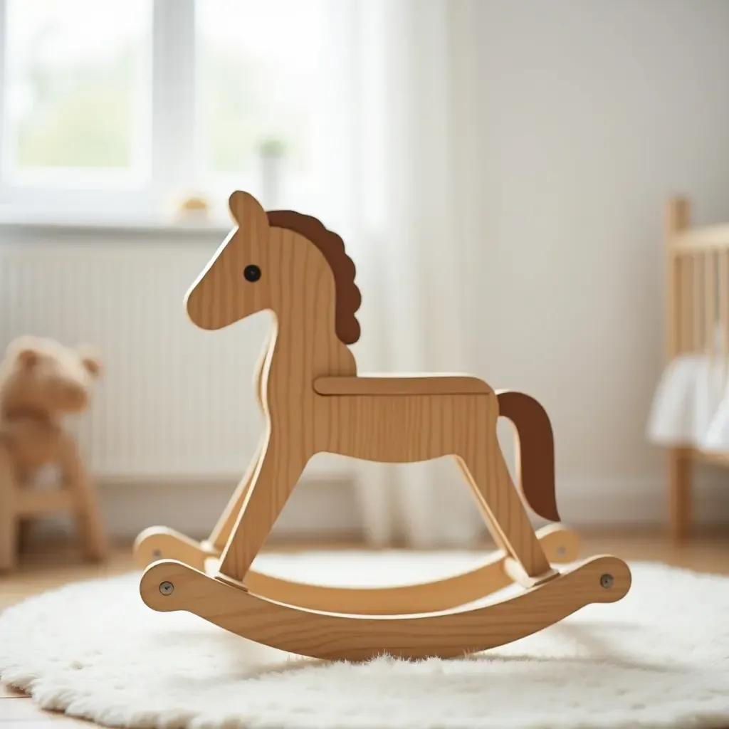 a photo of a wooden rocking horse in a nursery