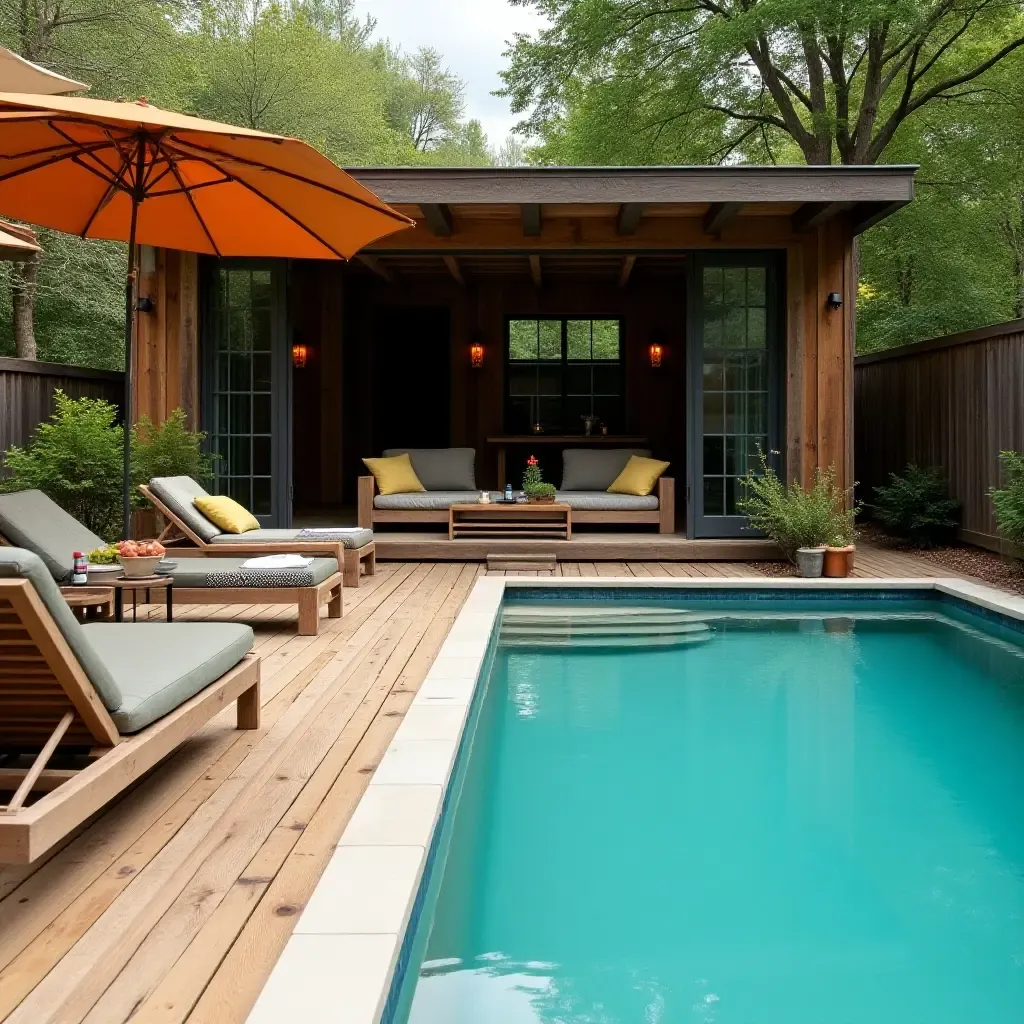 a photo of a rustic poolside area with a wooden deck and comfortable seating