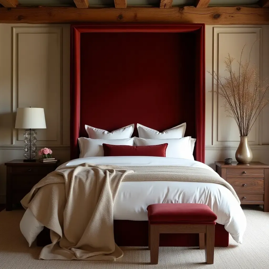 a photo of a luxurious bedroom showcasing velvet accents, wooden beams, and linen table runners