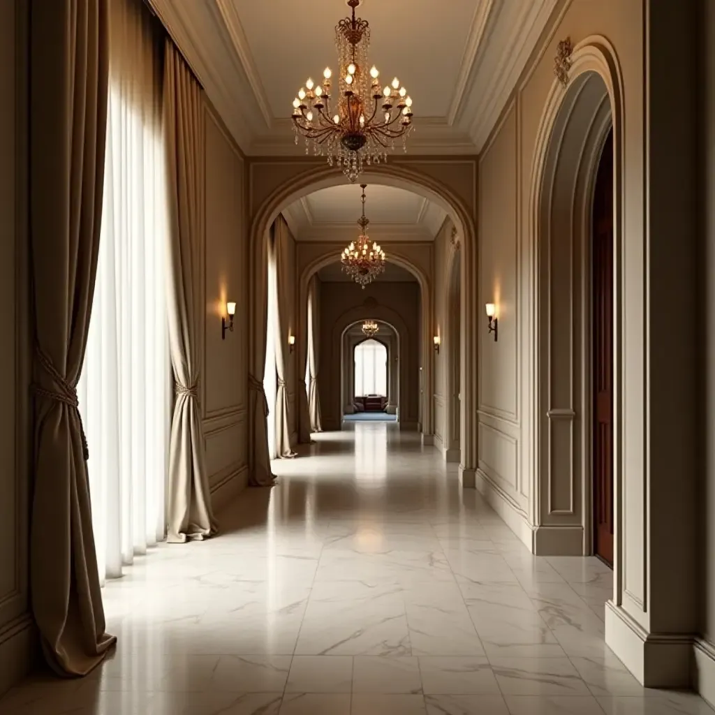 a photo of a sophisticated corridor with elegant drapery