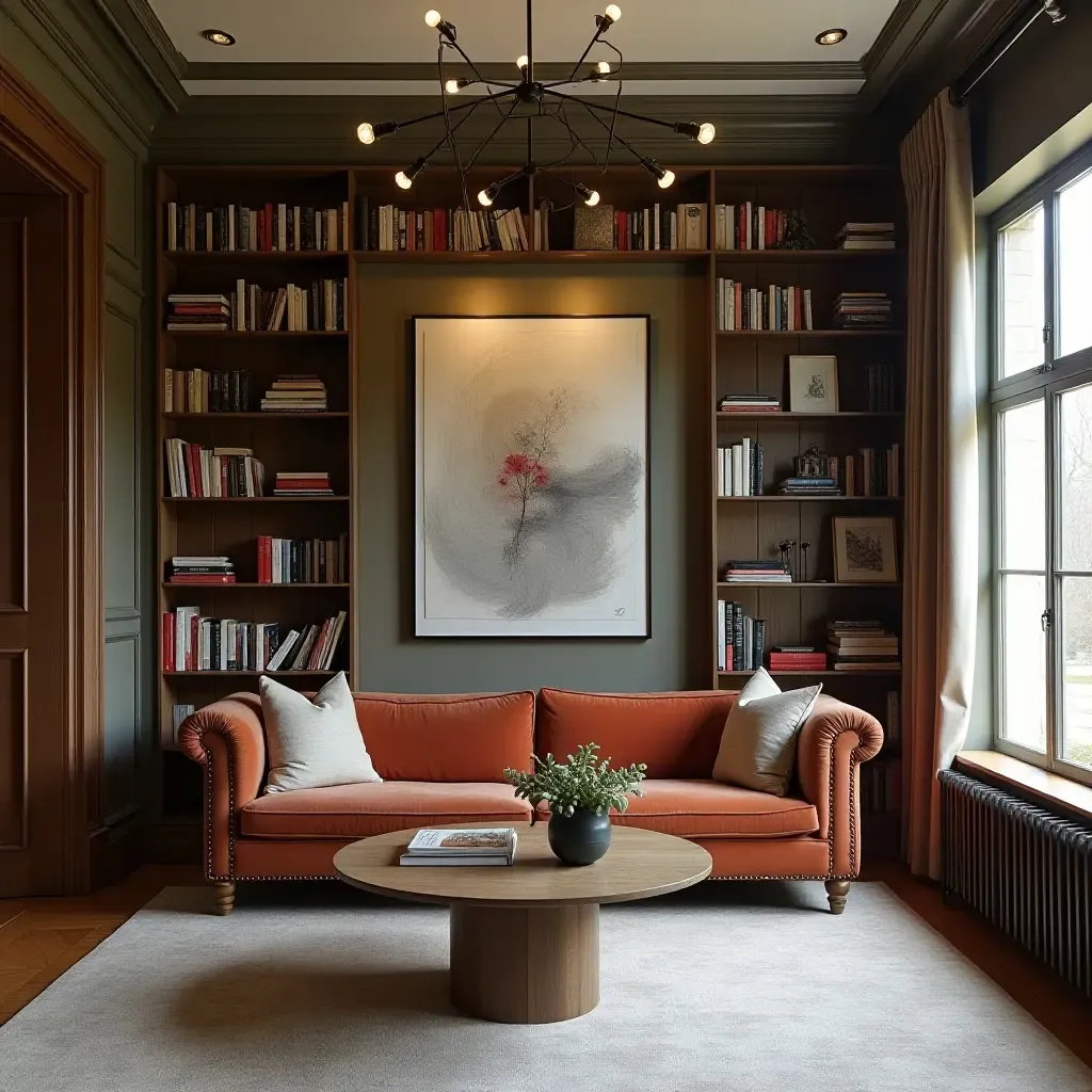 a photo of a library featuring a combination of bookcases and art