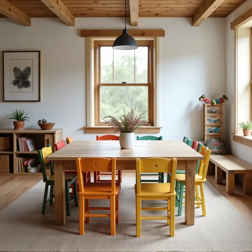 a photo of a rustic playroom with a farmhouse table and colorful chairs