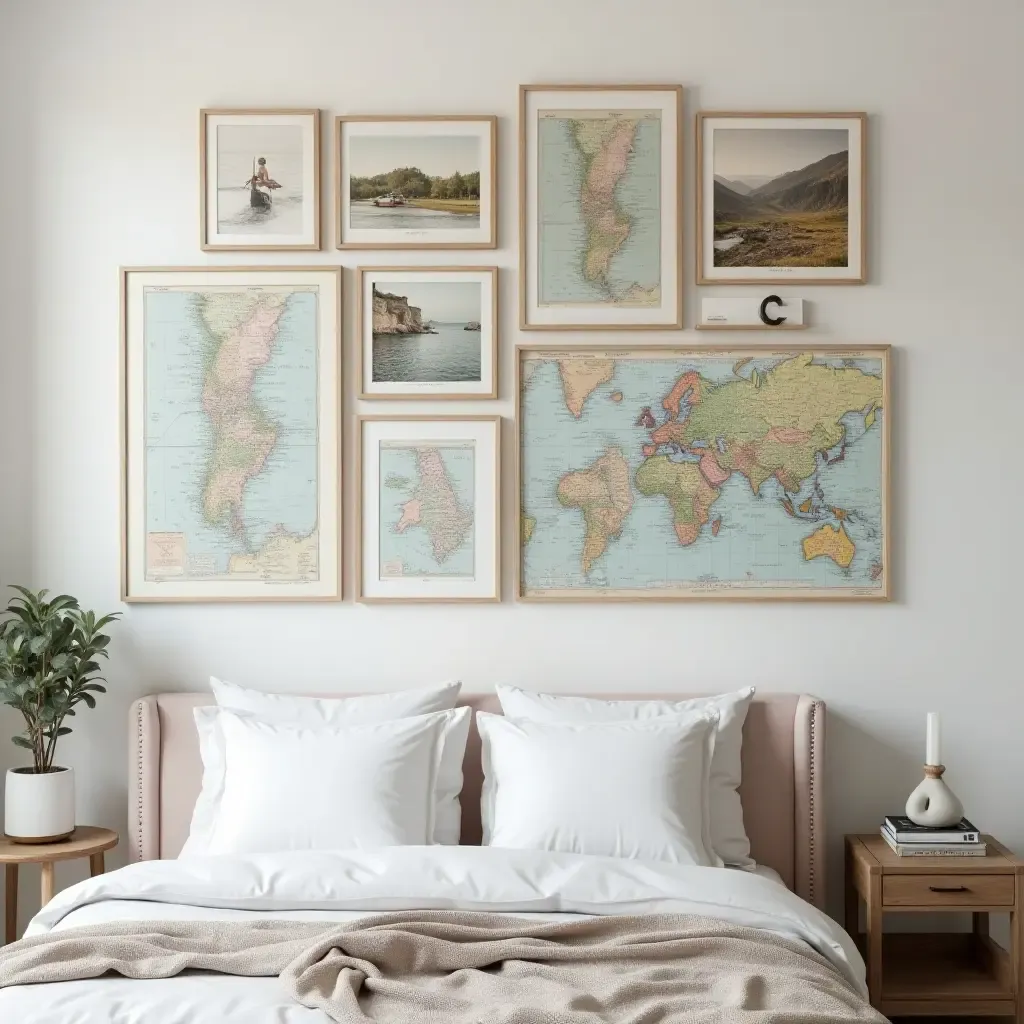 a photo of a stylish gallery wall with travel photos and maps as decor