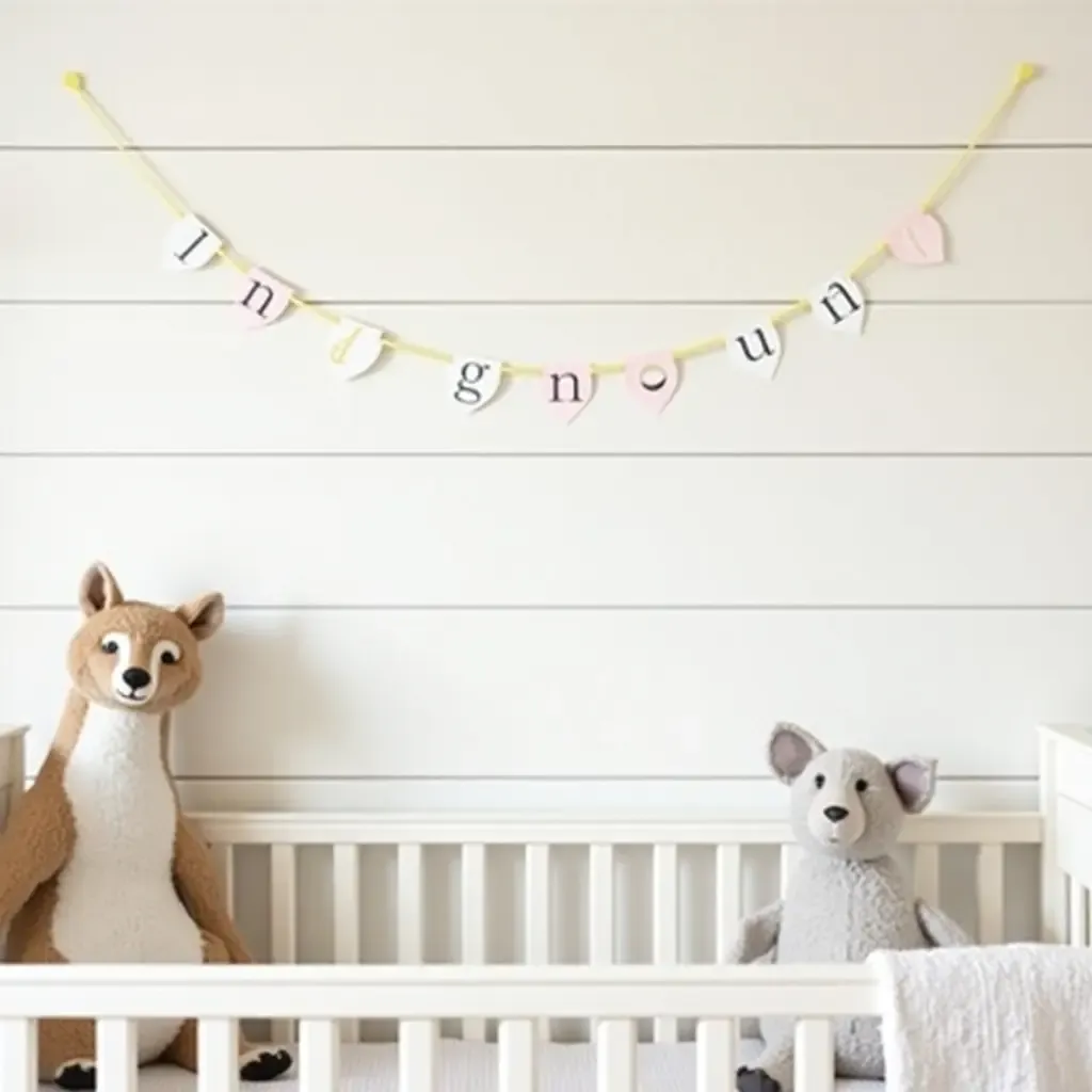 a photo of a nursery with shiplap walls and a whimsical animal-themed decor