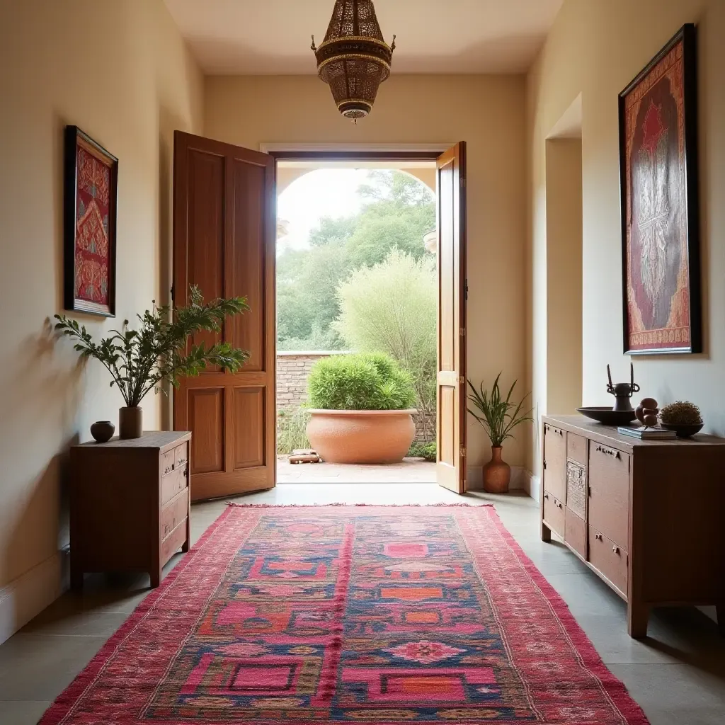 a photo of a colorful Moroccan rug in a bohemian-style hallway