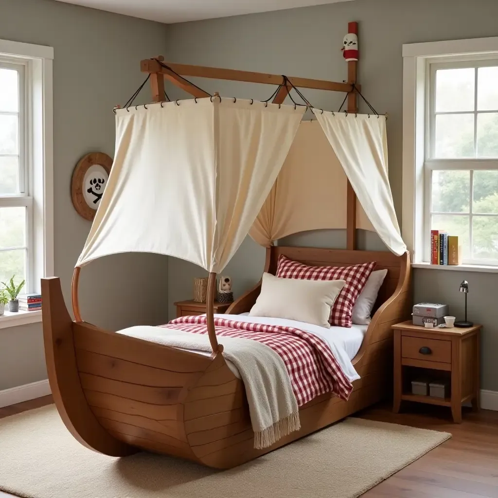 a photo of a playful pirate ship bed design