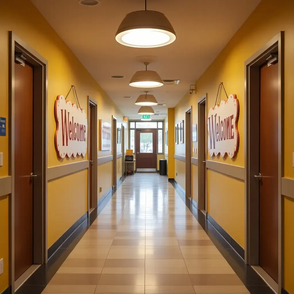 a photo of a corridor with a fun, oversized welcome sign