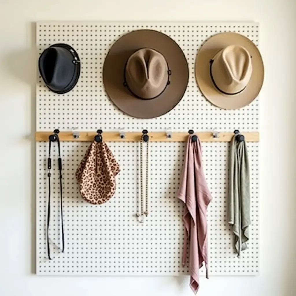 a photo of a DIY pegboard organizer for hats and accessories