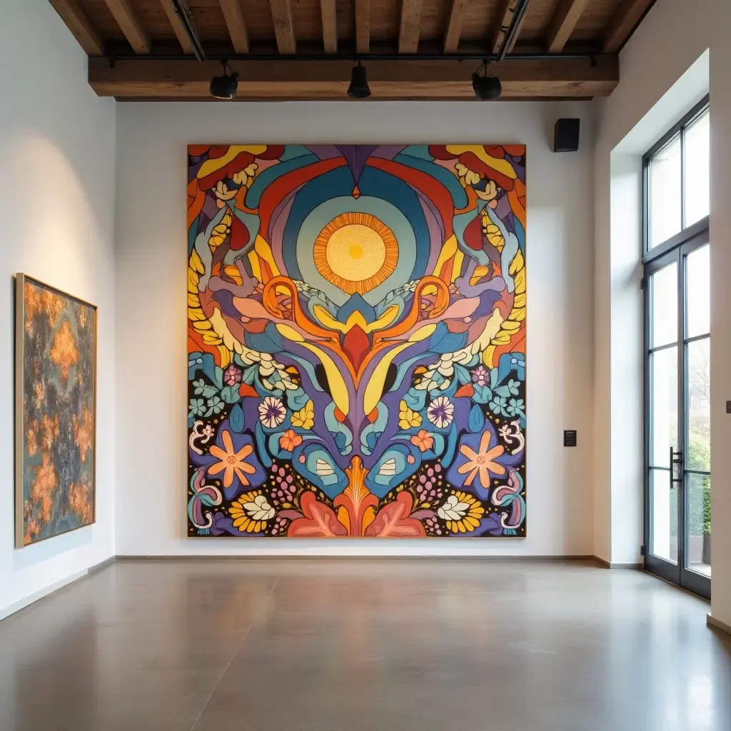 a photo of a gallery wall with a colorful mural as the centerpiece