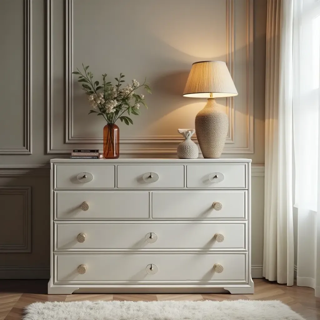 a photo of a stylish dresser with glamorous knobs and accessories