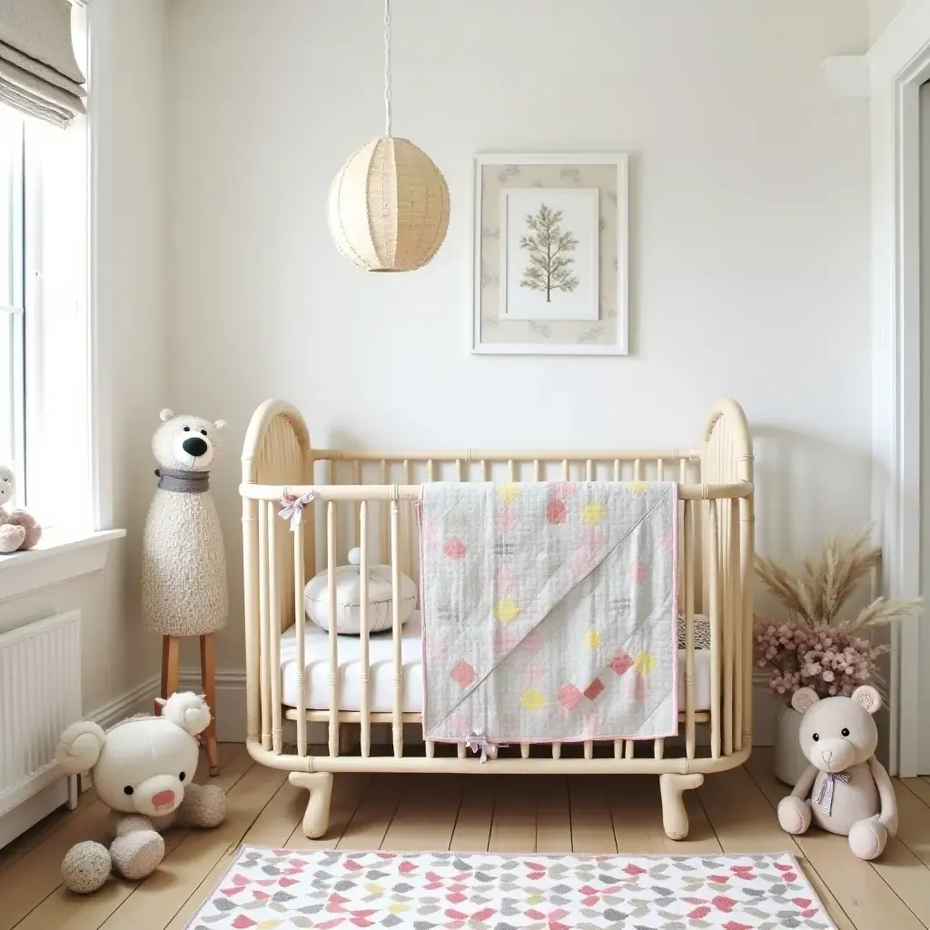 a photo of a nursery featuring a vintage-style crib and handmade quilts