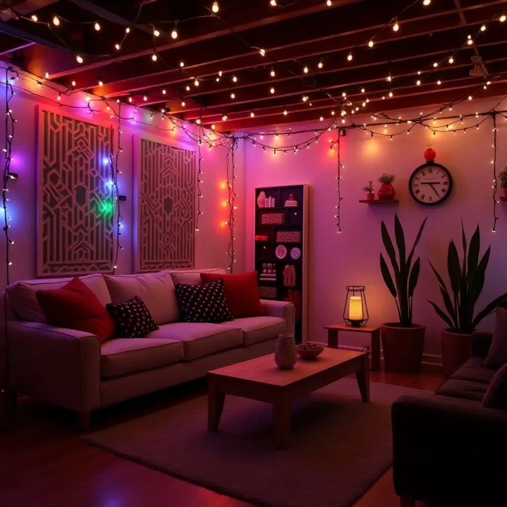 a photo of a basement wall decorated with colorful string lights and art