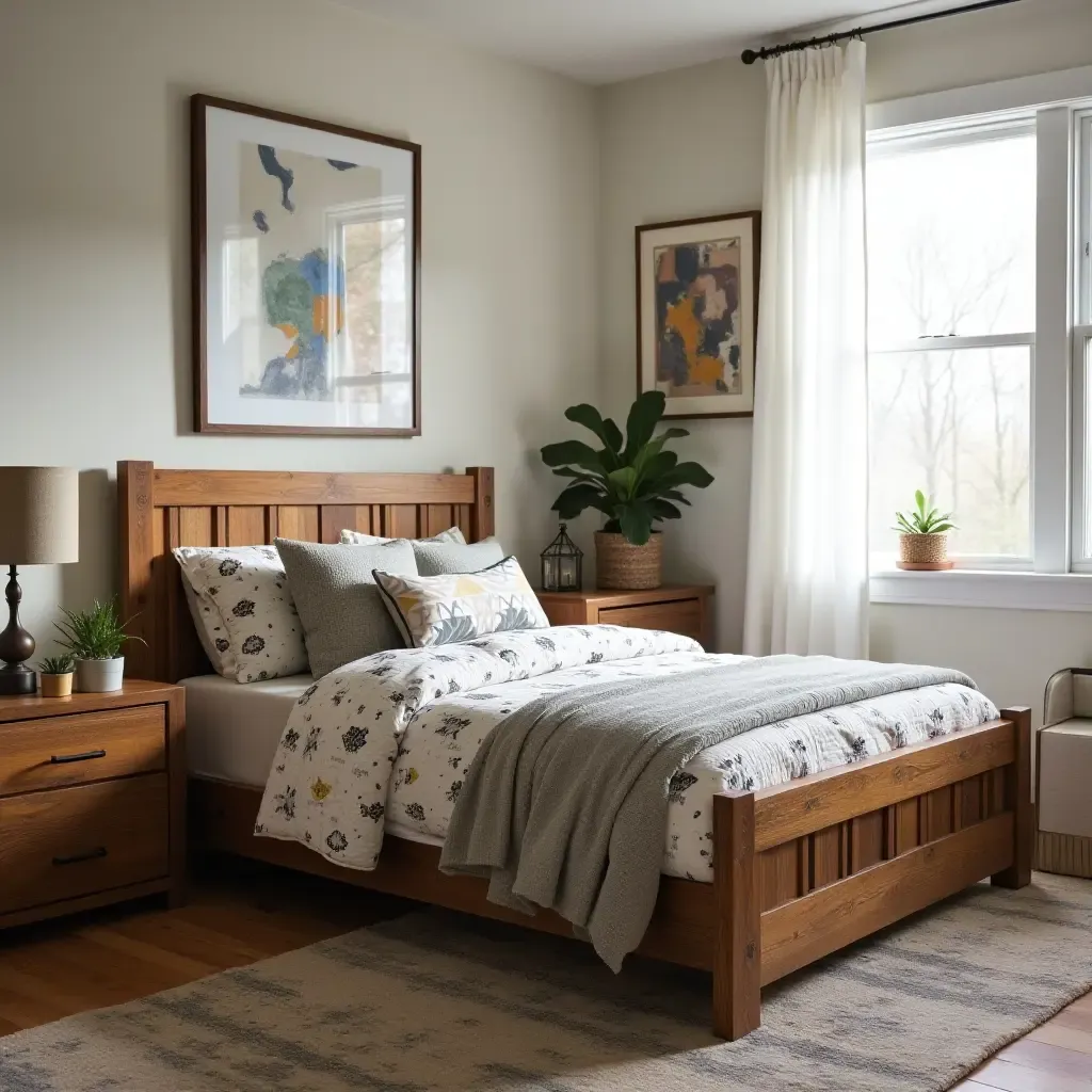 a photo of a teen&#x27;s bedroom featuring a rustic wooden bed frame and patterned quilts