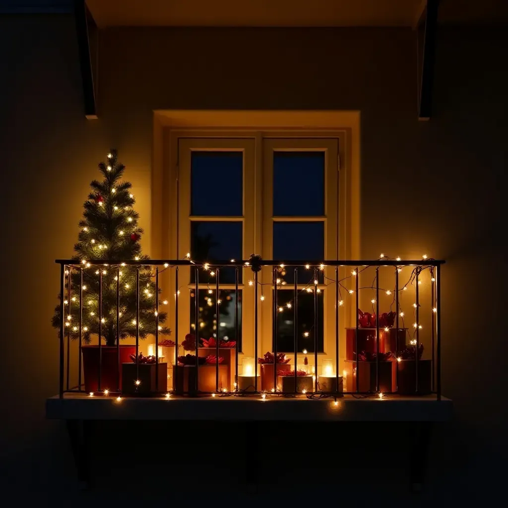 a photo of a balcony shelf showcasing seasonal decorations and fairy lights