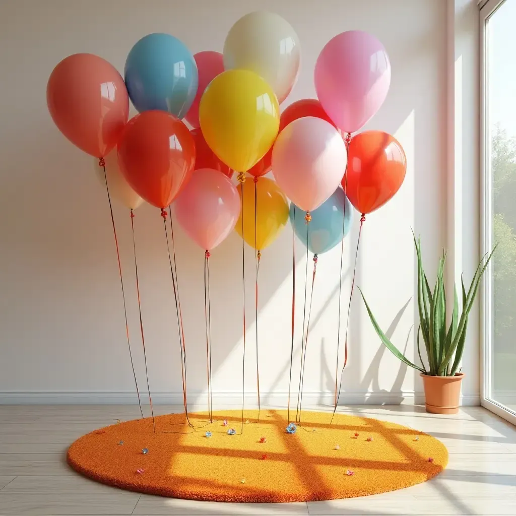 a photo of a rug featuring colorful balloons for a festive atmosphere