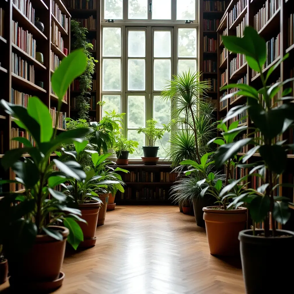 a photo of a library filled with lush potted plants