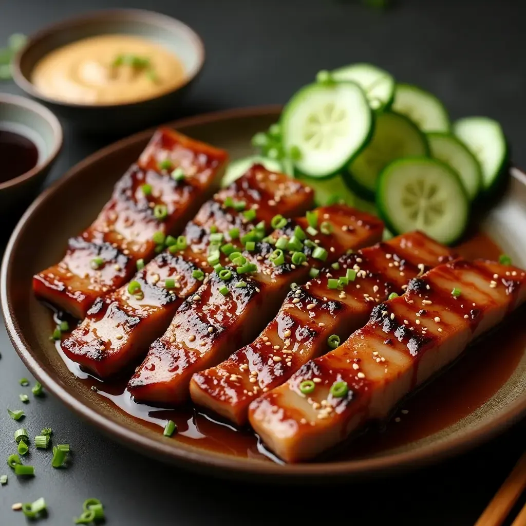 a photo of Korean BBQ with a zesty yuzu marinade and sesame cucumber salad.