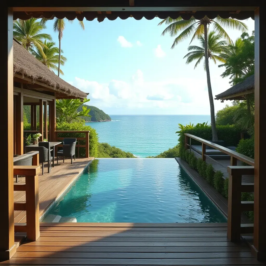 a photo of a wooden railing overlooking a beautiful pool view