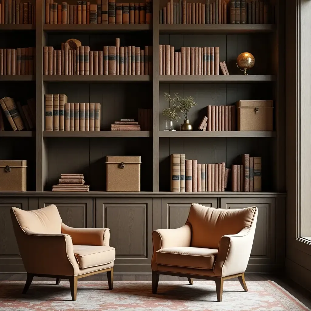 a photo of a small library with decorative storage boxes