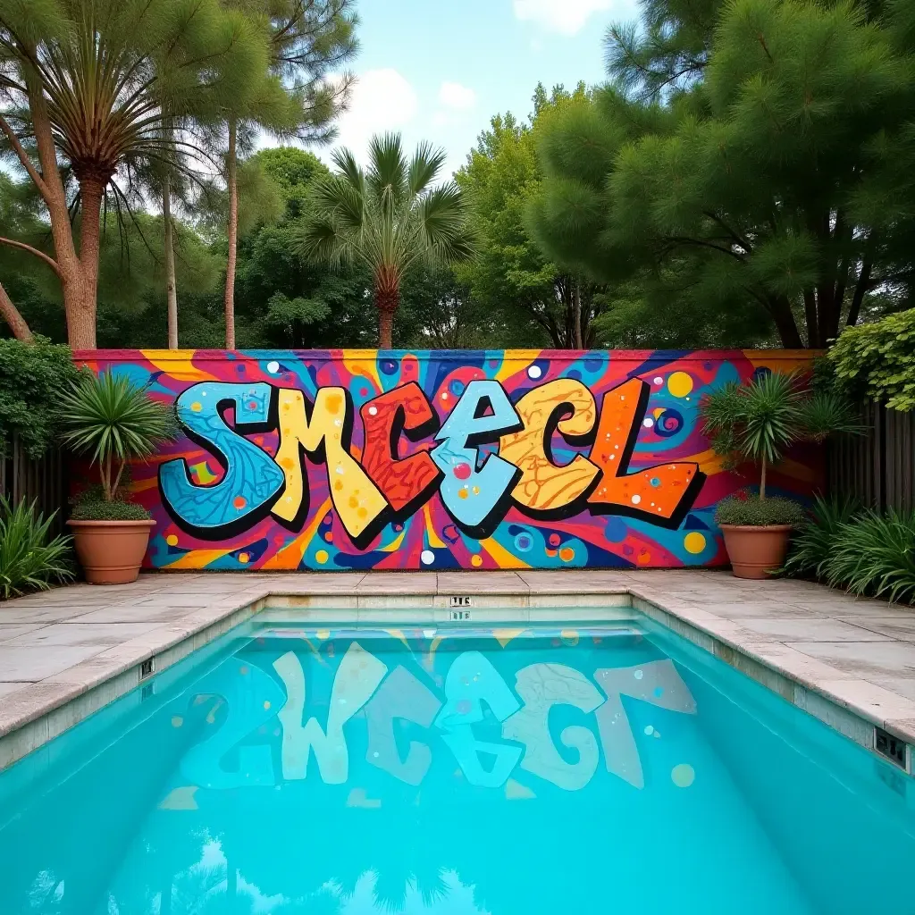 a photo of a colorful graffiti wall in a poolside garden