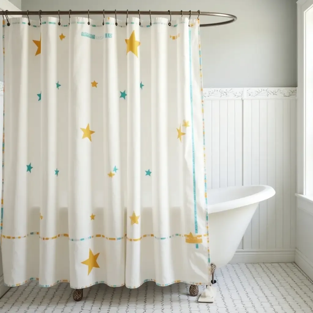 a photo of a modern bathroom with a retro-style shower curtain and vintage hooks