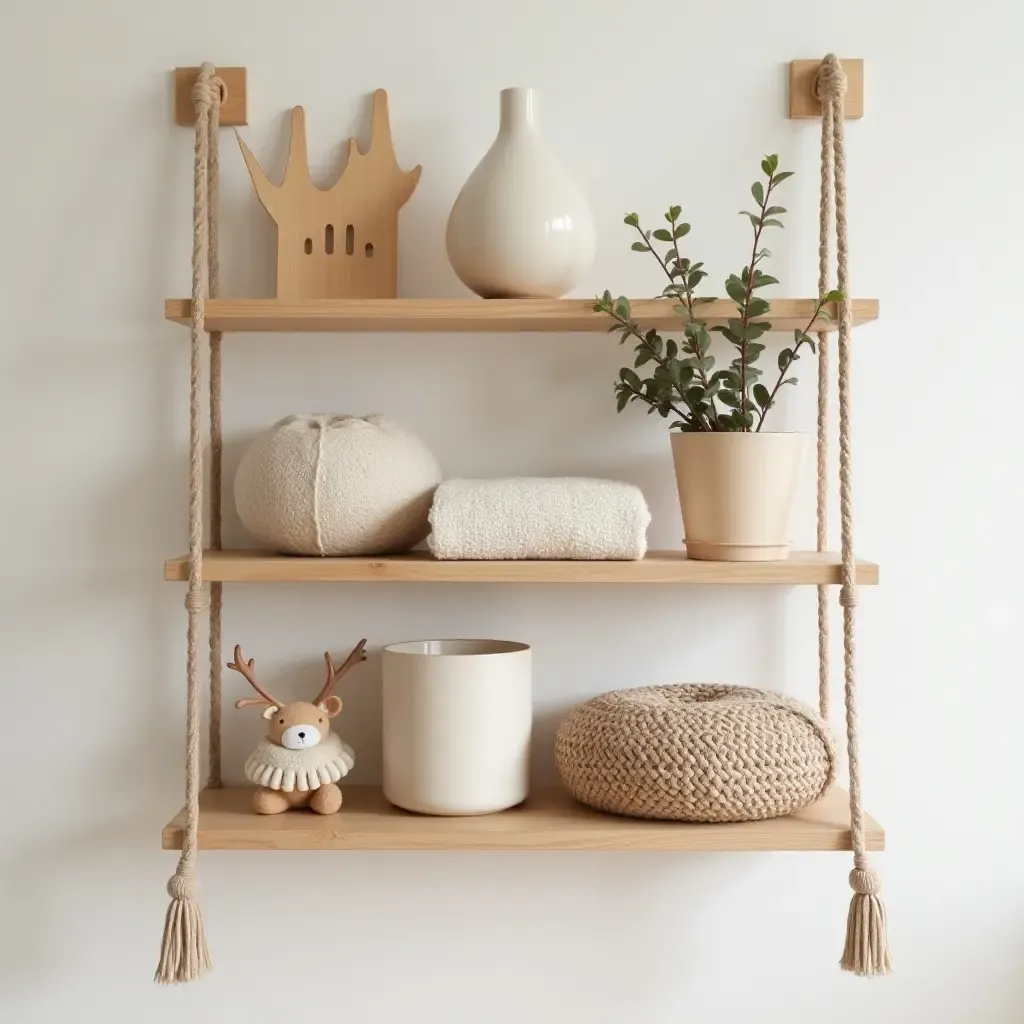 a photo of a bohemian-style nursery shelf with macrame accents and earthy tones