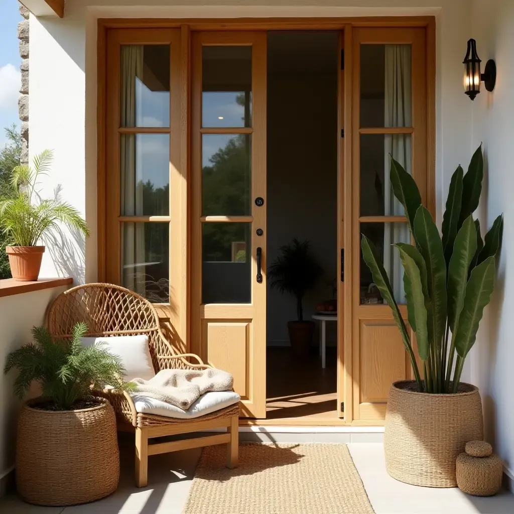 a photo of a balcony decorated with handwoven baskets and natural materials