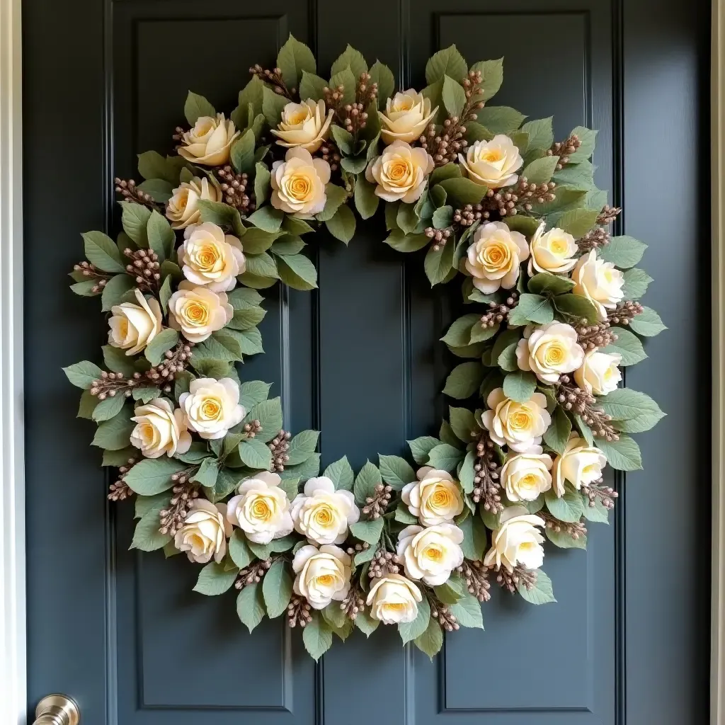 a photo of a whimsical farmhouse-style wreath on a front door