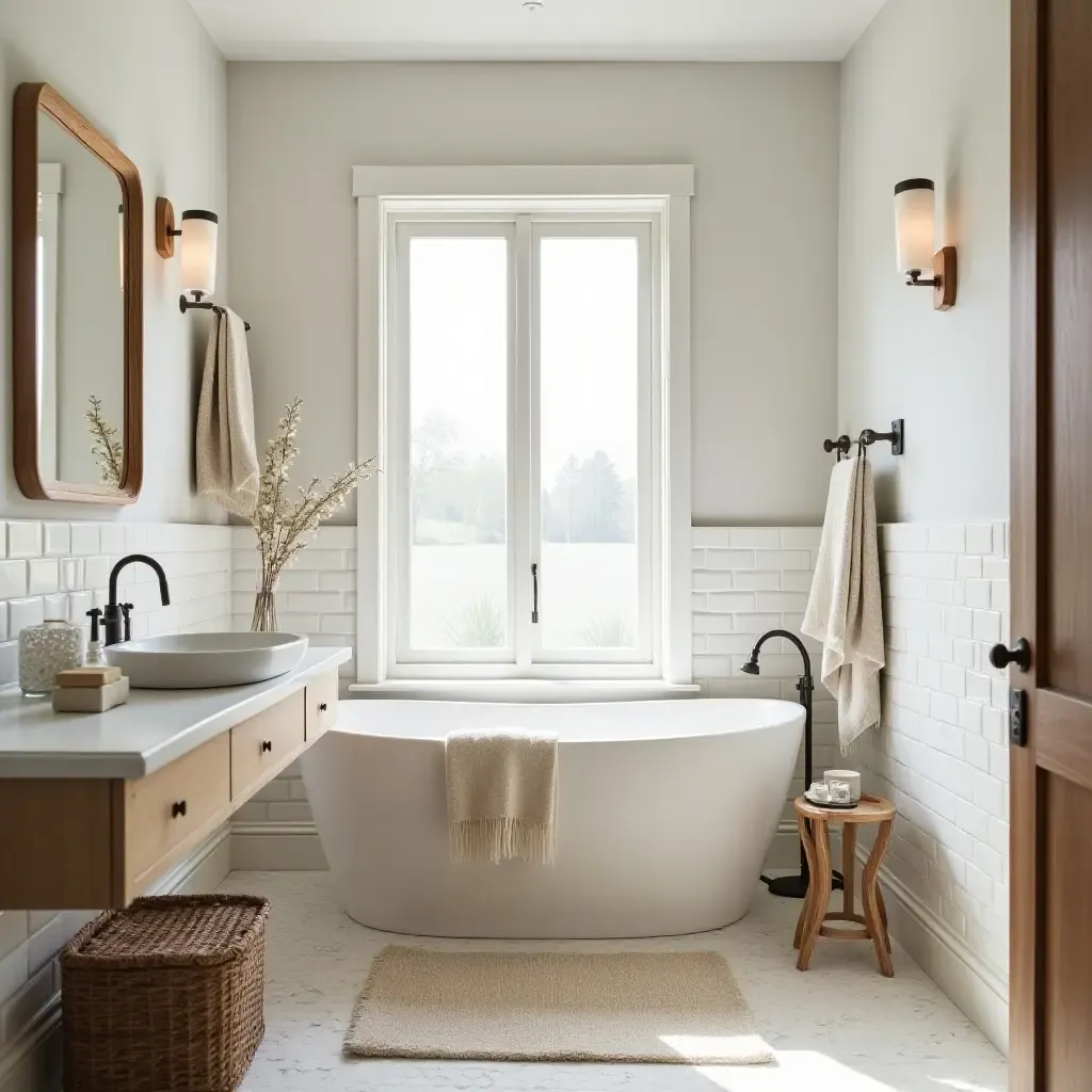 a photo of a cozy bathroom featuring soft textiles and farmhouse elements