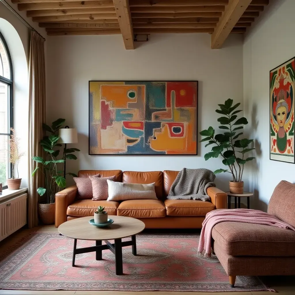 a photo of a bohemian living room filled with eclectic art pieces