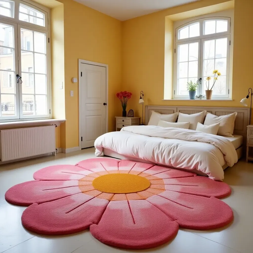 a photo of a rug shaped like a giant flower in a cheerful bedroom