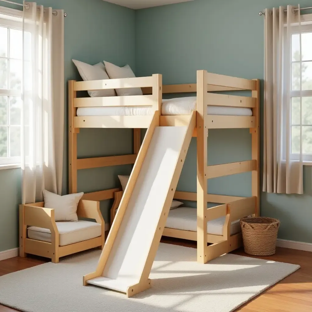 a photo of a loft bed with a slide and fun play area for kids