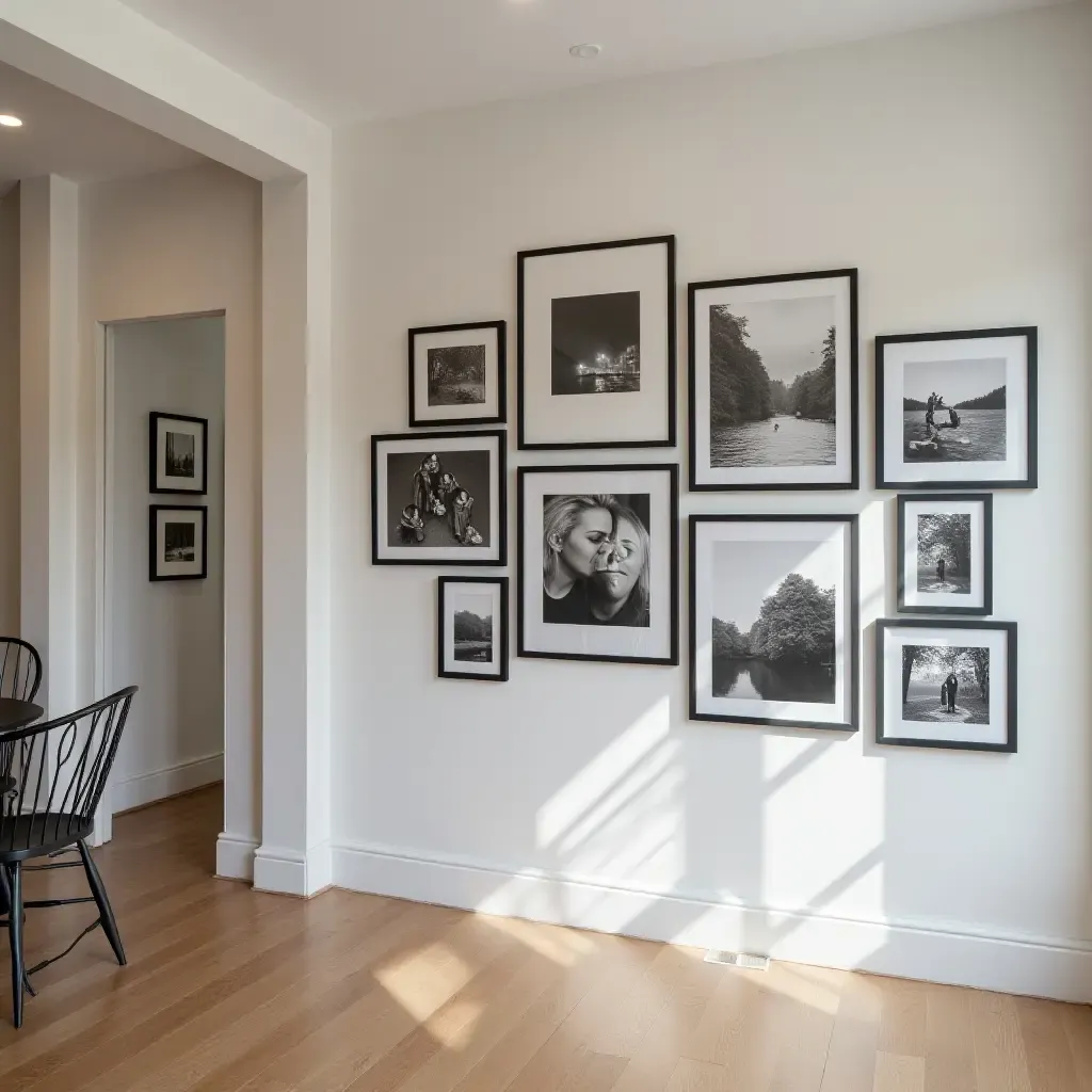 a photo of a gallery wall featuring black and white photography in a basement