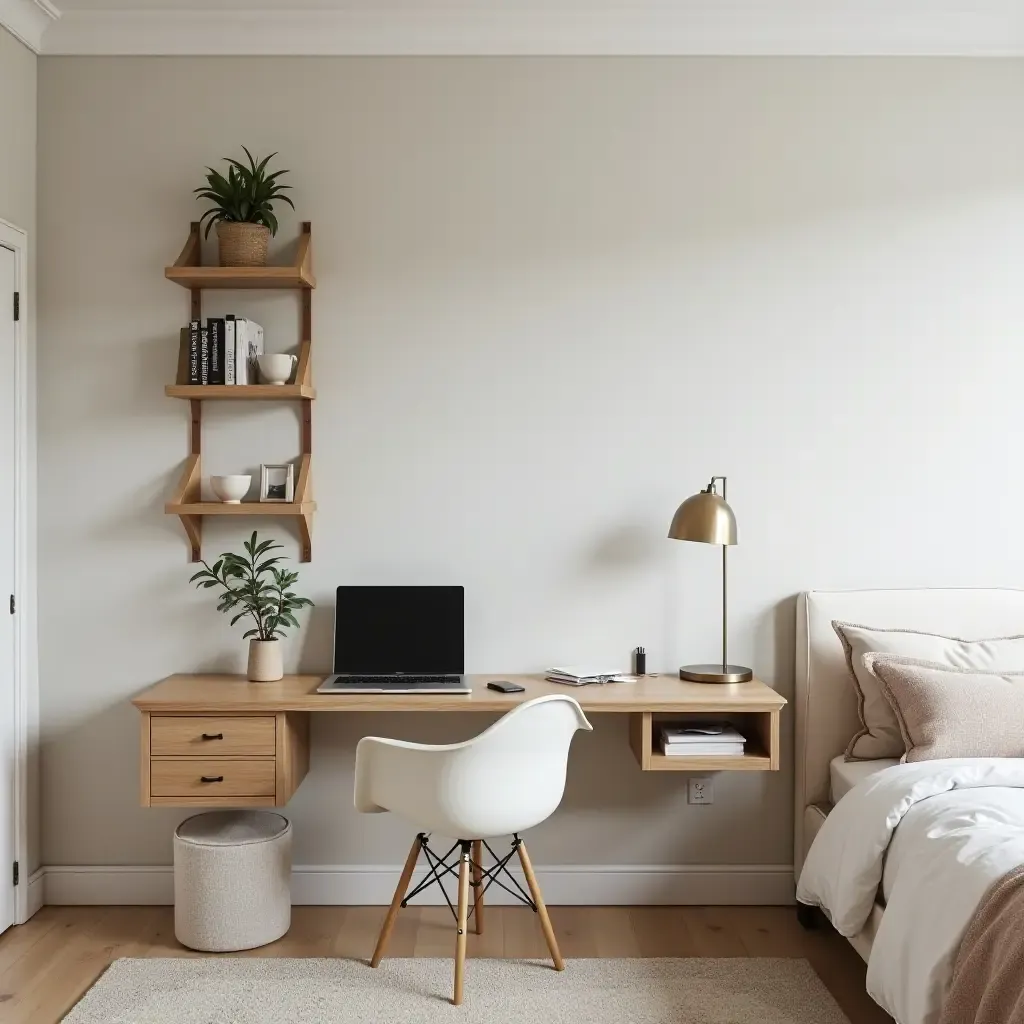 a photo of a bedroom with a DIY wall-mounted desk for workspace