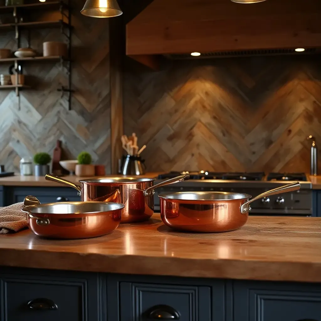 a photo of a gourmet kitchen with copper cookware