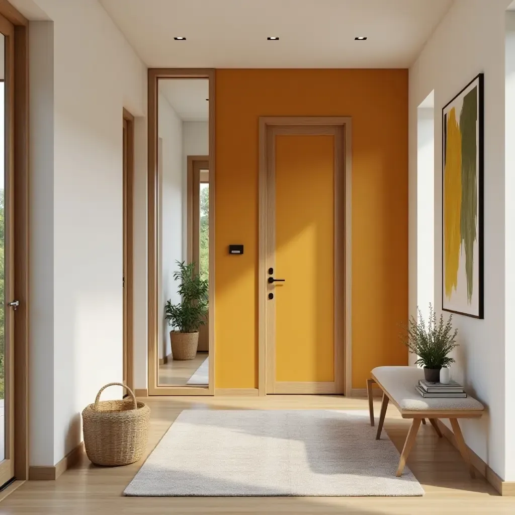 a photo of a modern entryway with a pop of color