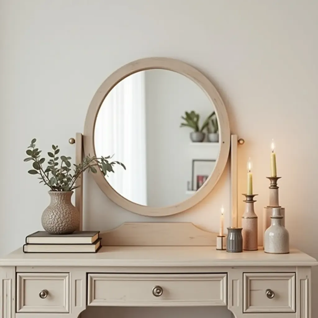 a photo of a vintage-style vanity with a round mirror and delicate accessories