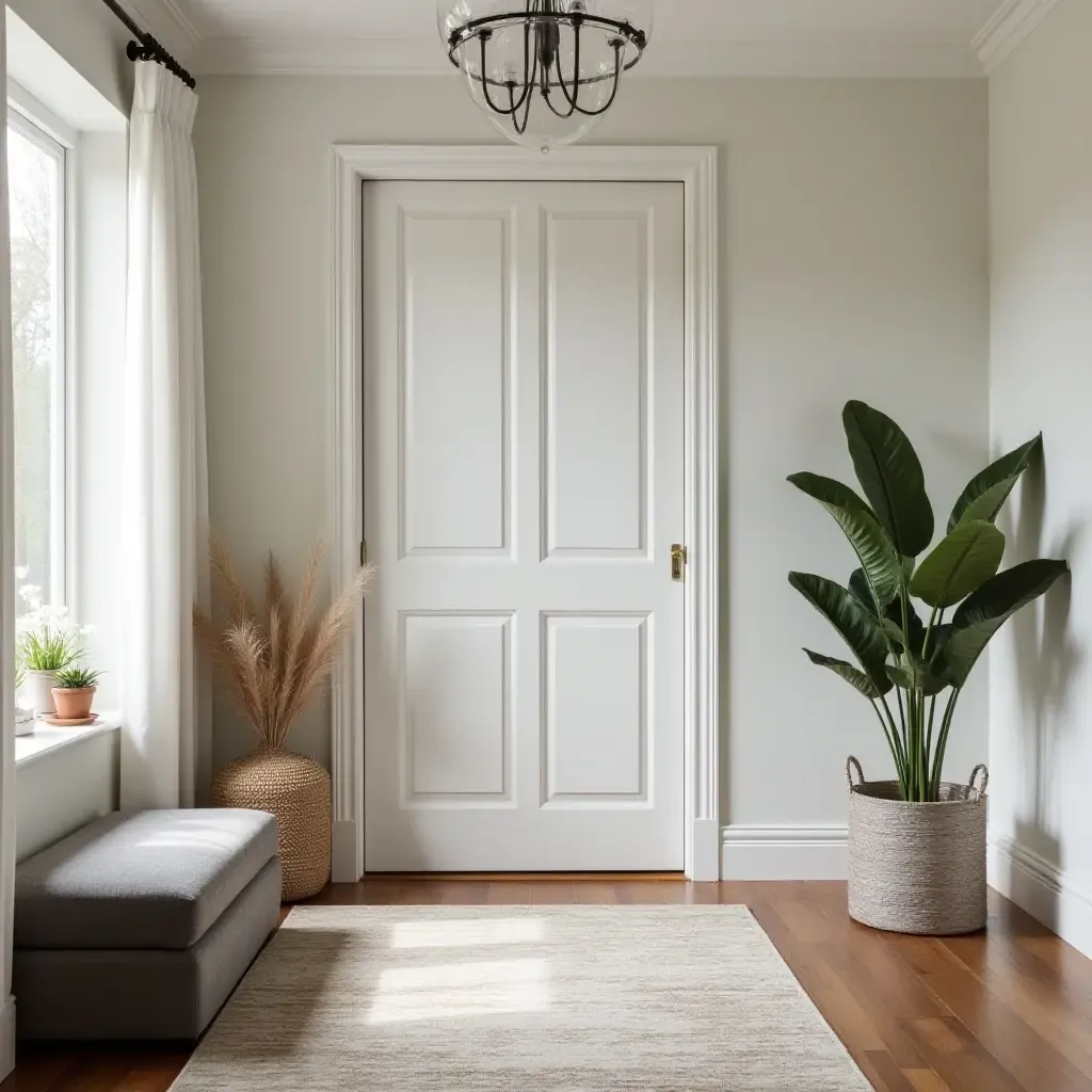 a photo of a stylish entrance featuring a rug and storage ottoman