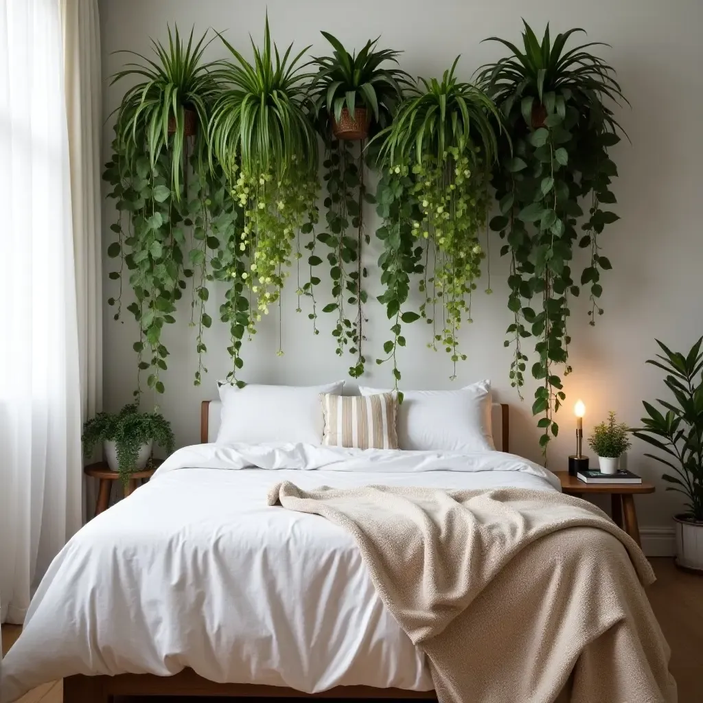 a photo of a wall of hanging plants behind a bed in a bohemian bedroom