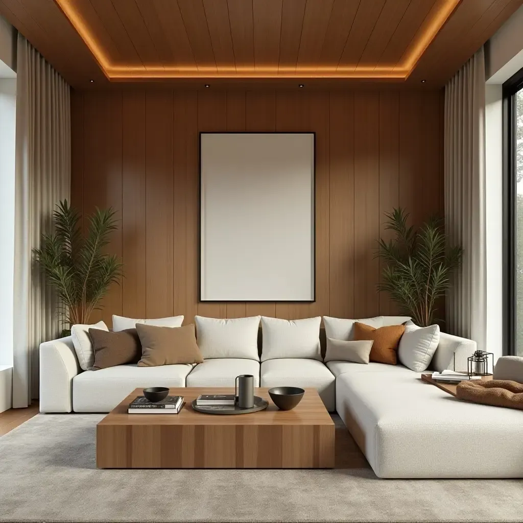 a photo of a living room showcasing wooden accents and a large sofa