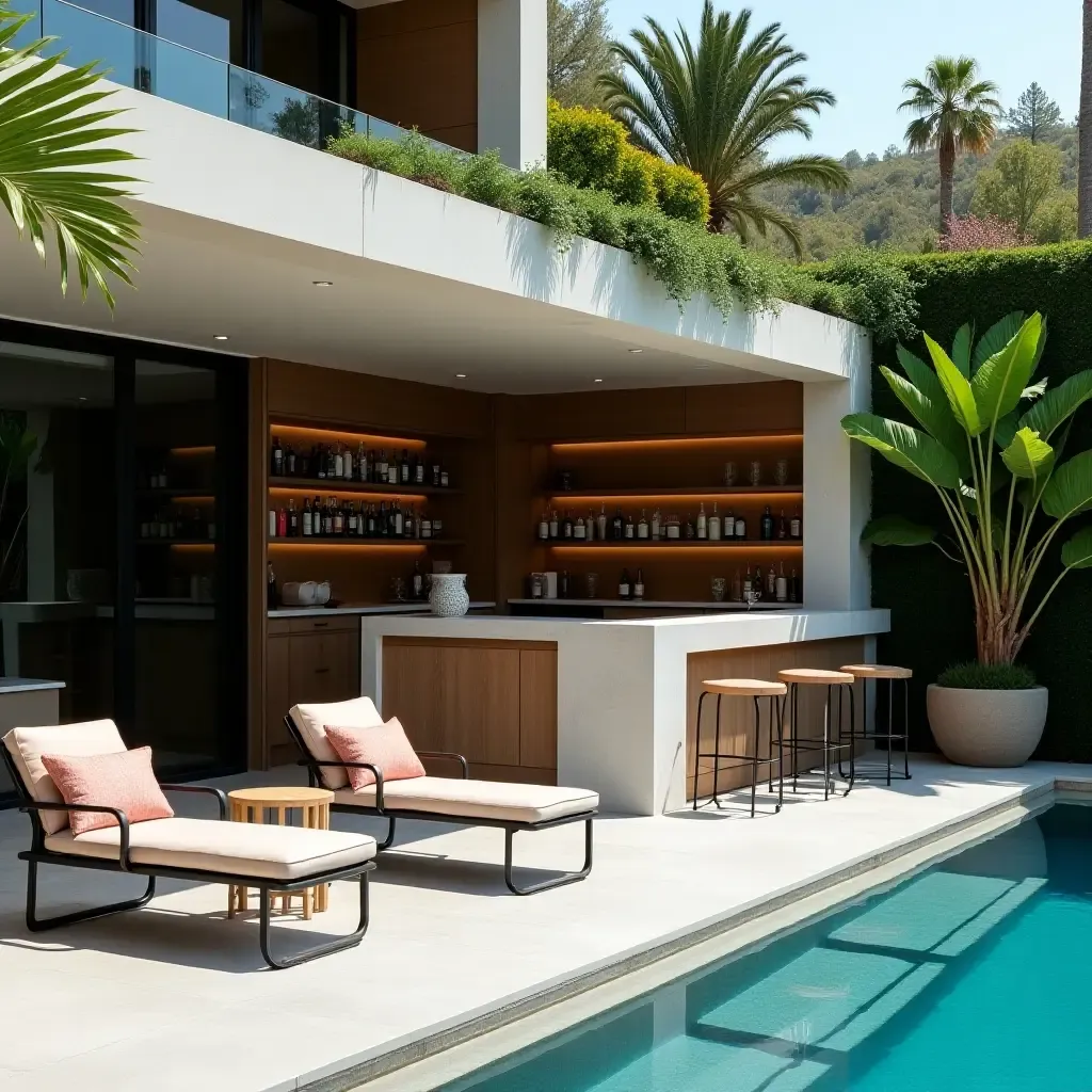 a photo of a modern poolside bar with sleek furniture and tropical plants