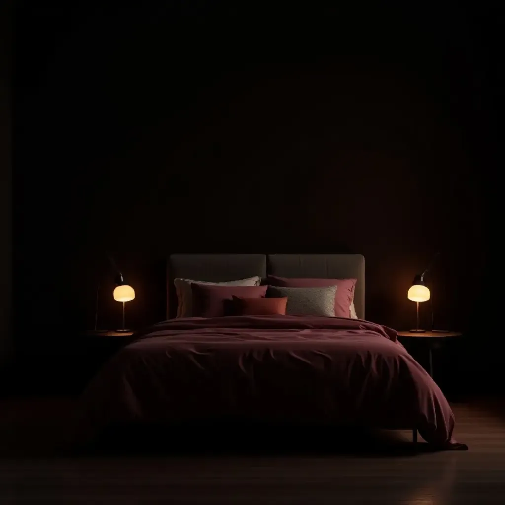 a photo of a moody bedroom with dramatic lighting and rich fabrics